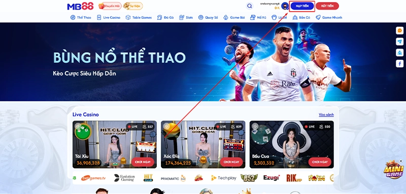 Nạp Tiền MB88 - Bấm vào nút "Nạp Tiền" theo chỉ dẫn