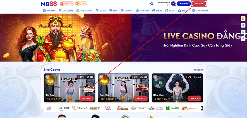 Rút Tiền MB88 - Bấm vào nút "Rút Tiền" theo hướng dẫn